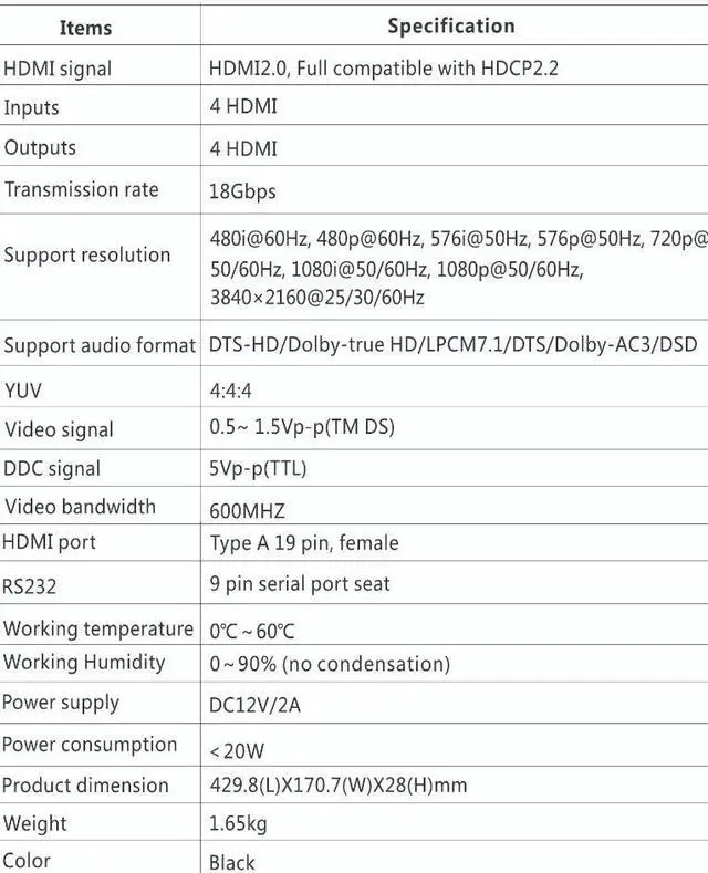 Alt view image 5 of 8 - 4x4 HDMI 4Kx2K@60Hz 3D Matrix Switch YUV 4:4:4 Ultra HD Converter 4 Input 4 Output With IR Remote Control RS232 LKV414-V2.0