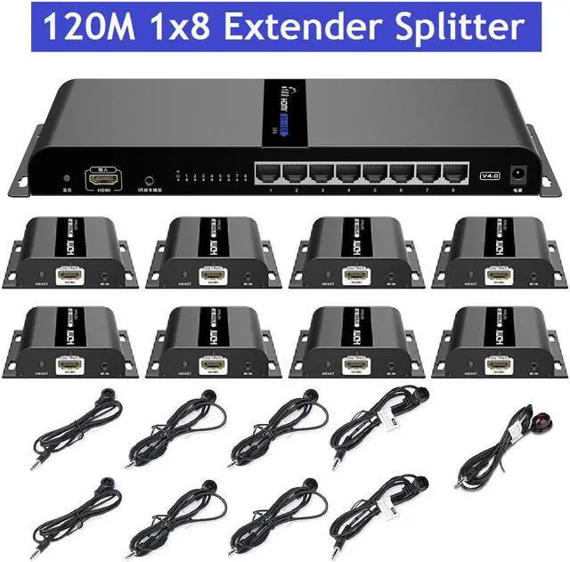 Main image of Up to 394Ft, 1x8 HDMI Splitter Extender 1080P 1 Transmitter 8 Receivers Over RJ45 CAT5e/6 120m Extension With IR Remote LKV318-HDbitT-4.0