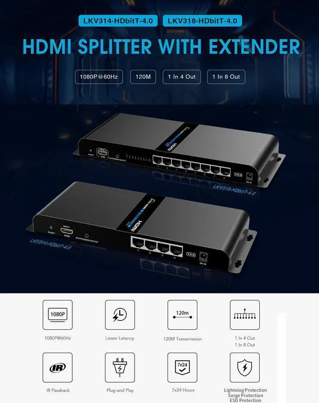 Alt view image 4 of 8 - Up to 394Ft, 1x8 HDMI Splitter Extender 1080P 1 Transmitter 8 Receivers Over RJ45 CAT5e/6 120m Extension With IR Remote LKV318-HDbitT-4.0