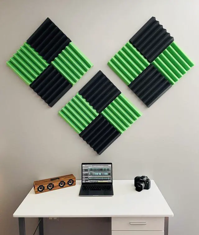 Alt view image 2 of 4 - 2" Green and Black Acoustic Wedge Soundproofing Studio Tiles 12 pack