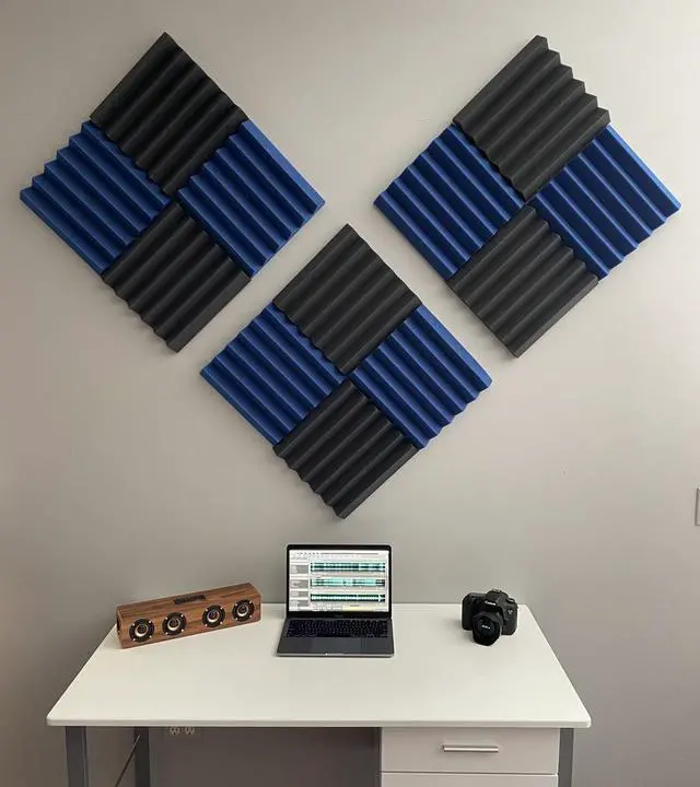 Alt view image 5 of 5 - 2" Blue and Black Acoustic Wedge Soundproofing Studio Tiles 12 pack