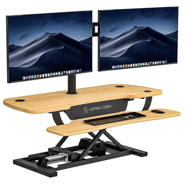 Alt view image 2 of 4 - VersaDesk® 40"x24" PowerPro Wide Electric Height Adjustable Standing Desk Converter for Dual Monitors & Laptop Workstations w/ USB Charging Port, Maple