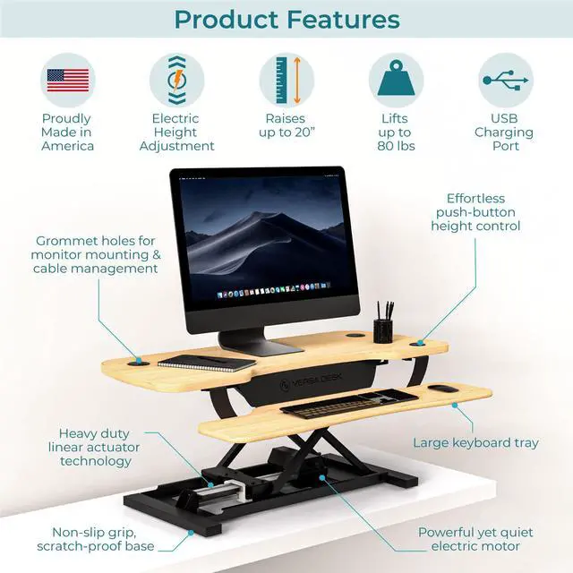 Alt view image 3 of 4 - VersaDesk® 40"x24" PowerPro Wide Electric Height Adjustable Standing Desk Converter for Dual Monitors & Laptop Workstations w/ USB Charging Port, Maple