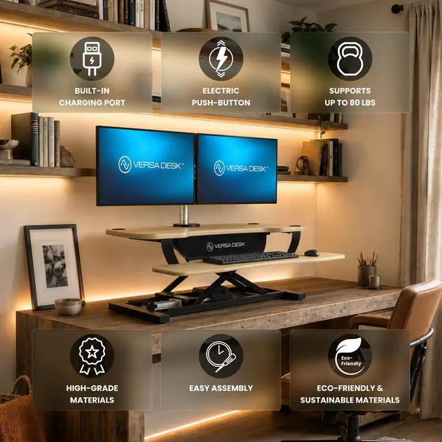 Alt view image 3 of 4 - VersaDesk® 40" x 24" PowerPro Wide Electric Height Adjustable Standing Desk Converter for Dual Monitors & Laptop Workstation with USB Charging Port, Maple