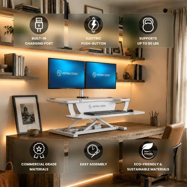 Alt view image 3 of 4 - VersaDesk® Electric Standing Desk Converter, 40" PowerPro Height Adjustable Sit-to-Stand Desk Riser with Keyboard Tray, Built-in USB Charging Port, Ergonomic Workstation, White