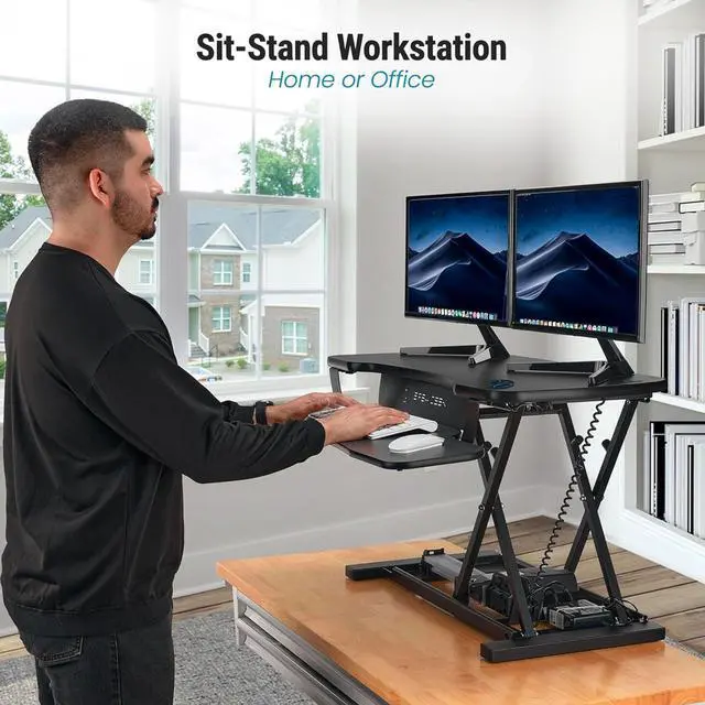 Alt view image 2 of 7 - VersaDesk® 36" x 24" PowerPro Electric Height Adjustable Standing Desk Converter for Dual Monitors & Laptop Workstations, Black with USB Charging Port Black