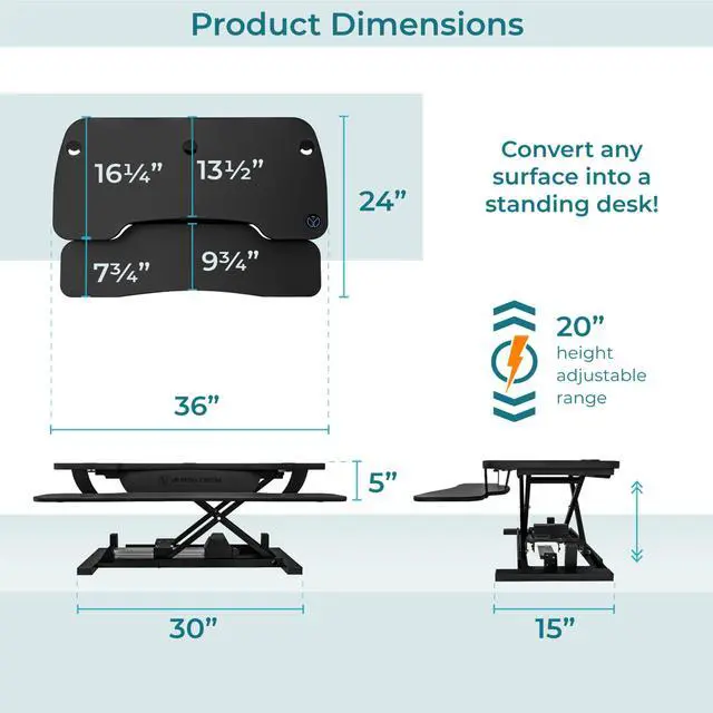 Alt view image 4 of 7 - VersaDesk® 36" x 24" PowerPro Electric Height Adjustable Standing Desk Converter for Dual Monitors & Laptop Workstations, Black with USB Charging Port Black