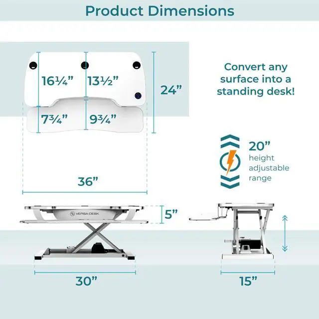 Alt view image 6 of 7 - VersaDesk® 36" x 24" PowerPro Electric Height Adjustable Standing Desk Converter for Dual Monitors & Laptop Workstation with USB Charging Port White