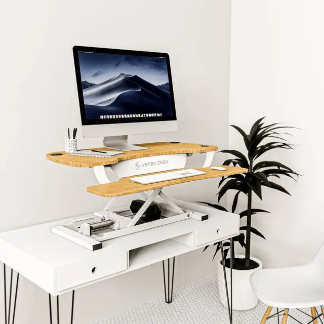 Alt view image 2 of 7 - VersaDesk® 36" x 24" PowerPro Electric Height Adjustable Standing Desk Converter for Dual Monitors & Laptop Workstations with USB Charging Port Bamboo/White