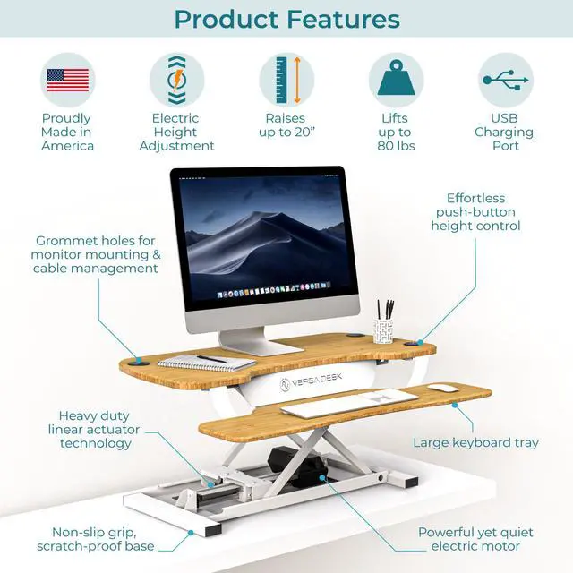 Alt view image 3 of 7 - VersaDesk® 36" x 24" PowerPro Electric Height Adjustable Standing Desk Converter for Dual Monitors & Laptop Workstations with USB Charging Port Bamboo/White