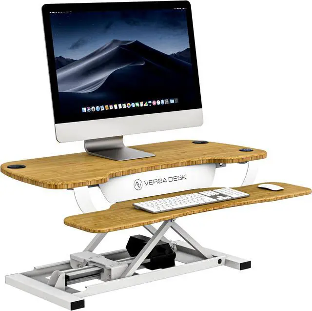 Alt view image 7 of 7 - VersaDesk® 36" x 24" PowerPro Electric Height Adjustable Standing Desk Converter for Dual Monitors & Laptop Workstations with USB Charging Port Bamboo/White