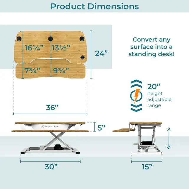 Alt view image 4 of 7 - VersaDesk® 36" x 24" PowerPro Electric Height Adjustable Standing Desk Converter for Dual Monitors & Laptop Workstations with USB Charging Port Bamboo/White