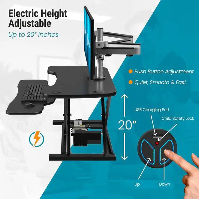 Alt view image 5 of 5 - VersaDesk® 40"x24" PowerPro Wide Electric Height Adjustable Standing Desk Converter for Dual Monitors & Laptop Workstations w/ USB Charging Port, Black