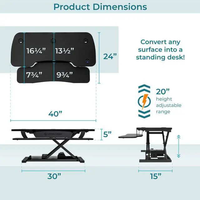 Alt view image 3 of 5 - VersaDesk® 40"x24" PowerPro Wide Electric Height Adjustable Standing Desk Converter for Dual Monitors & Laptop Workstations w/ USB Charging Port, Black
