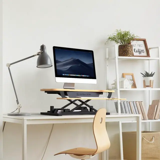 Alt view image 2 of 7 - VersaDesk® 40"x24" PowerPro Wide Electric Height Adjustable Standing Desk Converter for Dual Monitors & Laptop Workstations w/ USB Charging Port, Maple