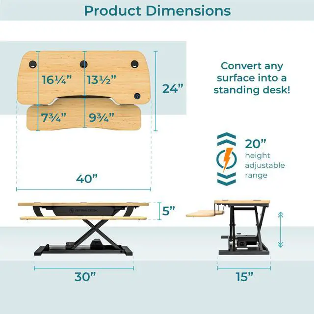 Alt view image 6 of 7 - VersaDesk® 40"x24" PowerPro Wide Electric Height Adjustable Standing Desk Converter for Dual Monitors & Laptop Workstations w/ USB Charging Port, Maple