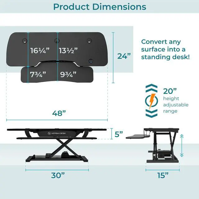 Alt view image 4 of 6 - VersaDesk® PowerPro® 48 x 24 Extra-Wide Electric Sit-to-Stand Desk Converter with Keyboard Tray for Home or Office | USB Charging Port | Supports Multiple Monitors | 80 lbs Weight Capacity Black