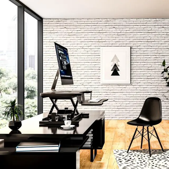 Alt view image 2 of 6 - VersaDesk® PowerPro® 48 x 24 Extra-Wide Electric Sit-to-Stand Desk Converter with Keyboard Tray for Home or Office | USB Charging Port | Supports Multiple Monitors | 80 lbs Weight Capacity Black