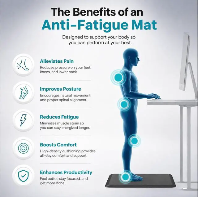Alt view image 2 of 5 - VersaDesk Anti-Fatigue Comfort Mat - High Density Cushioned Standing Desk Floor Mat for Back, Knees, Hips & Feet Support - Non-Slip Bottom - Warp Resistant - 36" x 24" x 5/8" Thick - Black