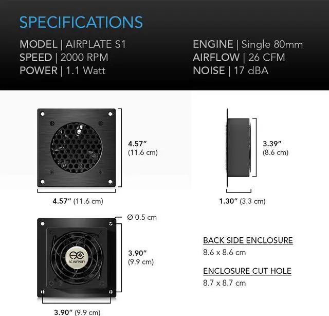 Alt view image 4 of 20 - AC Infinity AIRPLATE S1, Quiet Cooling Fan System with Speed Control, for Home Theater AV Cabinets