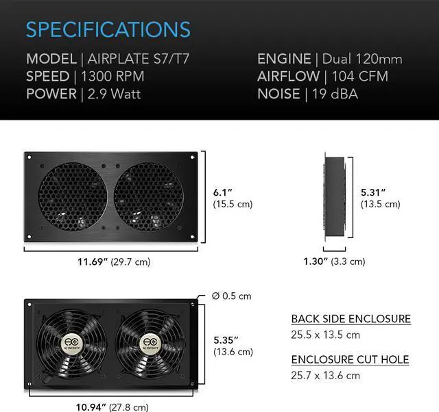 Alt view image 7 of 9 - AC Infinity AIRPLATE S7, Quiet Cooling Fan System with Speed Control, for Home Theater AV Cabinet Cooling