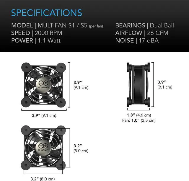 Alt view image 5 of 20 - AC Infinity MULTIFAN S5, Quiet Dual 80mm USB Fan for Receiver DVR Playstation Xbox Computer Cabinet Cooling
