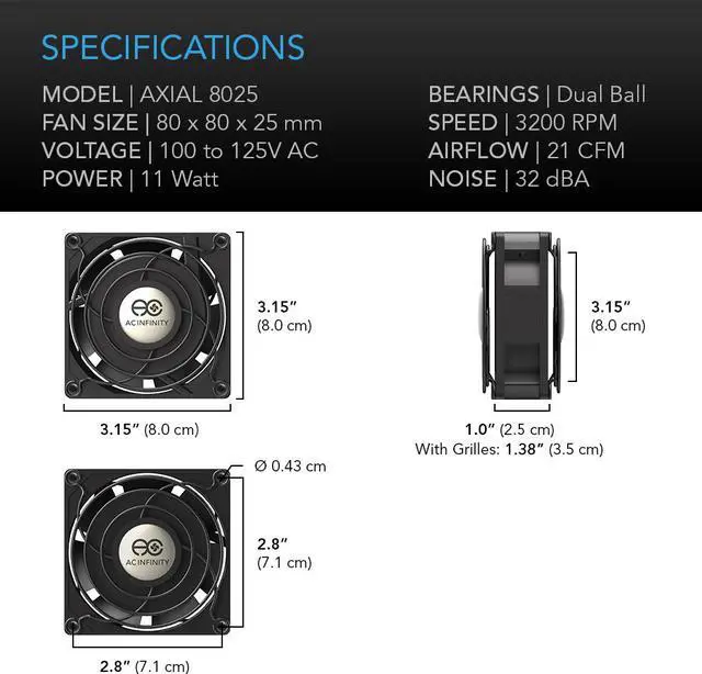 Alt view image 6 of 7 - AC Infinity AXIAL 8025, Muffin Axial Cooling Fan, 115V AC 80mm by 80mm by 25mm High Speed