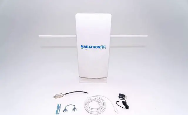 Main image of New Marathon Platinum Long Distance HDTV Antenna. Top Rated Indoor/Outdoor antenna solution designed to power up to 6 or more TVs. One easy connection. Cut the Cord and start saving money today!