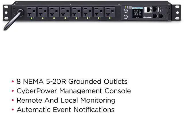 Alt view image 5 of 7 - CYBERPOWER SYSTEMS (USA), INC. PDU41002 120V 8 OUTLET NEMA 12FT CORD 1U 3YR WTY