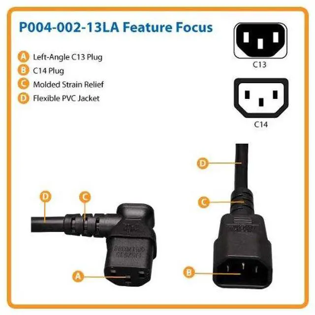 Alt view image 3 of 4 - Tripp Lite Standard Computer Power Extension Cord 10A, 18AWG (IEC-320-C14 to Left Angle IEC-320-C13) 2-ft.(P004-002-13LA)