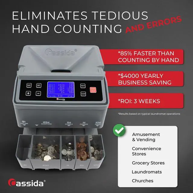 Alt view image 2 of 8 - Cassida C300 Professional USD Coin Counter, Sorter and Wrapper/Roller, 300 coins/min, with Quickload and Printing-Compatible,Gray