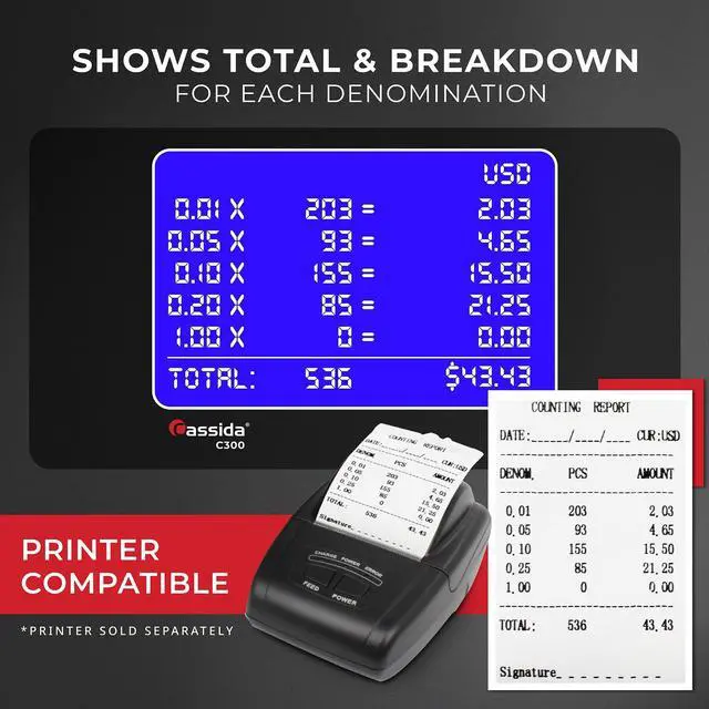 Alt view image 4 of 8 - Cassida C300 Professional USD Coin Counter, Sorter and Wrapper/Roller, 300 coins/min, with Quickload and Printing-Compatible,Gray