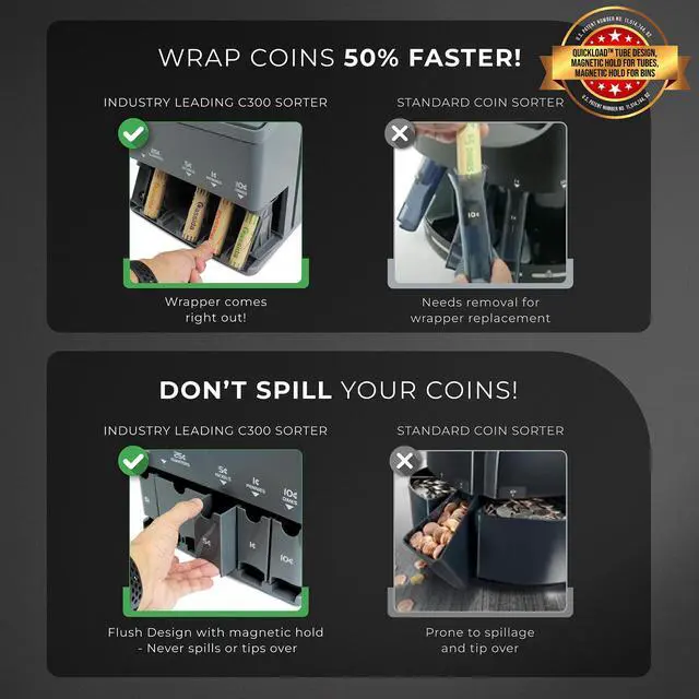 Alt view image 3 of 8 - Cassida C300 Professional USD Coin Counter, Sorter and Wrapper/Roller, 300 coins/min, with Quickload and Printing-Compatible,Gray