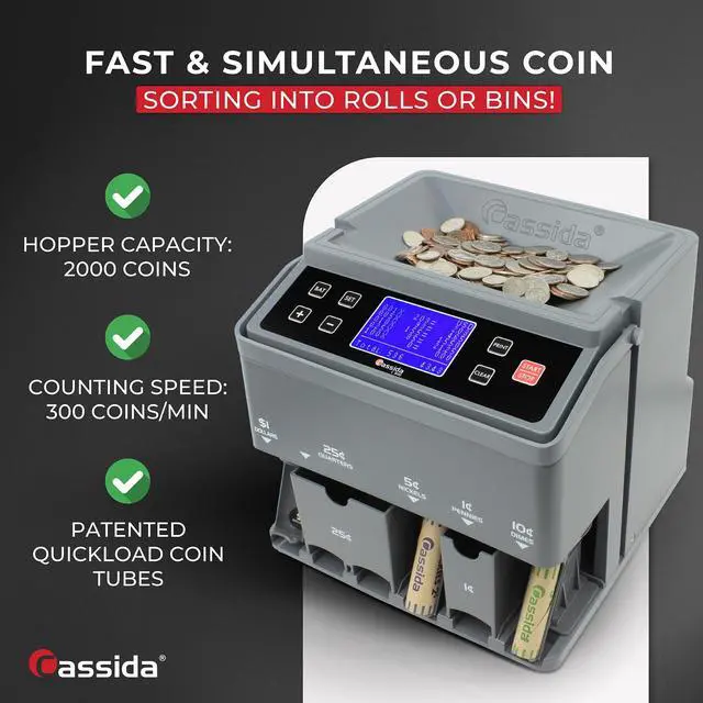 Alt view image 5 of 8 - Cassida C300 Professional USD Coin Counter, Sorter and Wrapper/Roller, 300 coins/min, with Quickload and Printing-Compatible,Gray