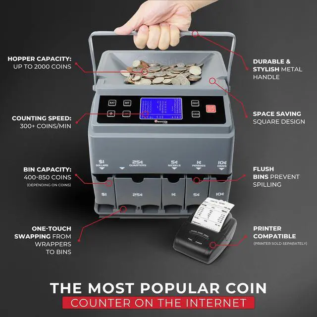 Alt view image 7 of 8 - Cassida C300 Professional USD Coin Counter, Sorter and Wrapper/Roller, 300 coins/min, with Quickload and Printing-Compatible,Gray