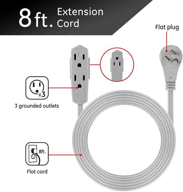 Alt view image 11 of 16 - Three Outlet Power Strip 8 ft Cord Gray 5055243027