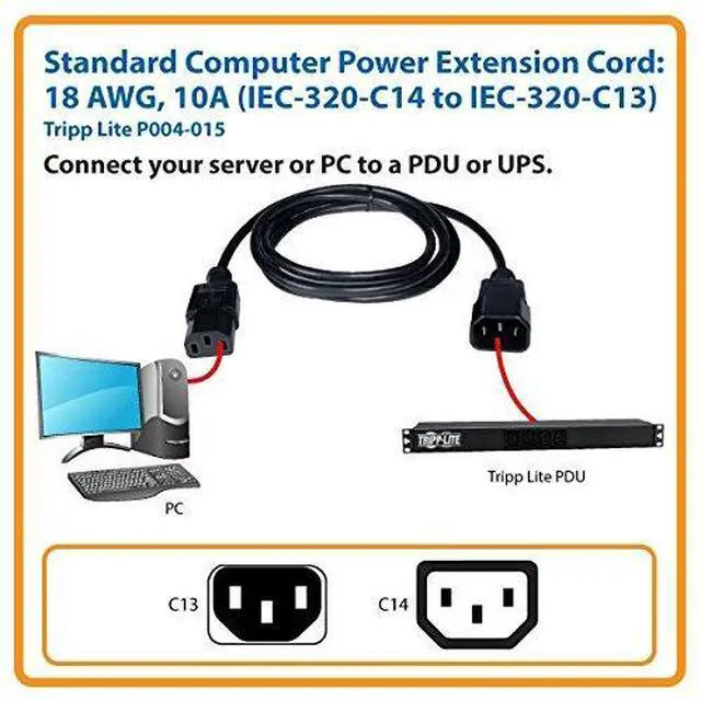 Alt view image 5 of 5 - Tripp Lite Standard Computer Power Extension Cord 10A, 18AWG (IEC-320-C14 to IEC-320-C13) 15-ft.(P004-015)
