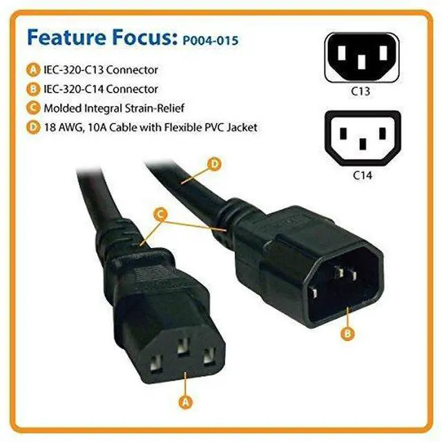 Alt view image 4 of 5 - Tripp Lite Standard Computer Power Extension Cord 10A, 18AWG (IEC-320-C14 to IEC-320-C13) 15-ft.(P004-015)
