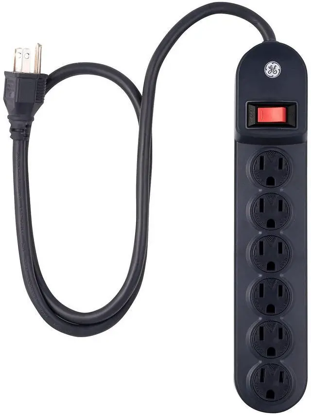 Main image of GE 6-Outlet Power Strip, 3 Ft Extension Cord, Twist-to-Lock Safety Covers, 3-Prong, On/Off Switch, Wall Mount, Heavy Duty, UL Listed, Black, 56223