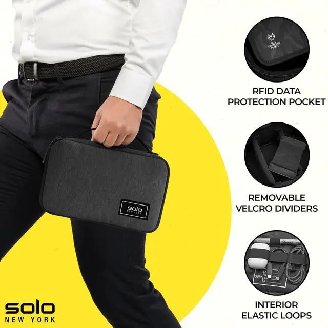 Alt view image 2 of 7 - Solo New York RFID Tech Case - Electronics Organizer, Tech Accessories Pouch for Travel, Small Gadget Bag for Cords, RFID Data Protection for ID & Passport, Sturdy Carrying Handle - Bridge, Gray