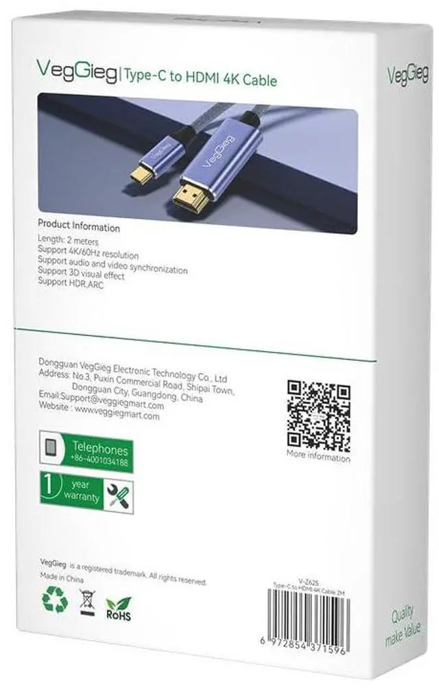 Alt view image 4 of 5 - VegGieg - V-Z625-6.6FT/2M USB C to HDMI Cable 4K - Anti-Interference Gold-Plated Plugs - Thunderbolt 3 & 4 Compatible for iPhone 15 Series/MacBook/iPad Pro/Surface/Dell/HP (V-Z625)