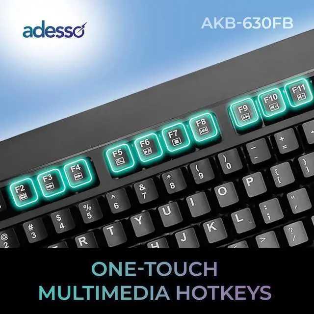 Alt view image 20 of 20 - Adesso EasyTouch AKB-630FB Keyboard - Cable Connectivity - USB Interface - 104 Key(s) - Home, Email, Previous Page, Internet Page Forward, Search, Volume Down, Volume Up, Play/Pause, Stop, Previous Tr