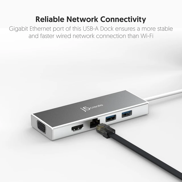 Alt view image 6 of 7 - j5create USB 3.0 Hub with HDMI, VGA, RJ45 Gigabit Ethernet, 2 USB 3.1 | High Speed Data Transfer Adapter for Mac, Windows, Desktop PC - Supports Up to 2K Resolution (JUD380)