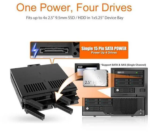 Alt view image 6 of 10 - icy dock 4x2.5 ssd to 5.25 drive bay hot swap backplane cage mobile rack comparable to trayless design  expresscage mb324spb