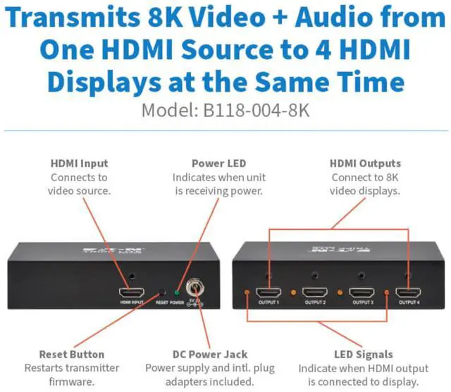 Alt view image 2 of 7 - Tripp Lite Series 4-Port HDMI Splitter, 8K@60Hz, 1 in 4 Out, Mirror/Duplicate Only, Multi-Resolution Support, Mounting Kit, International Power Adapter, Plug-and-Play, 1-Year Warranty (B118-004-8K)