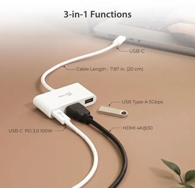 Alt view image 3 of 7 - j5create USB-C to HDMI & USB Type-A with Power Delivery(Eco-Friendly) with 4K HDMI, USB-A 5Gbps, PD 100W Charging | Compatible with MacBook Pro,Chromebook,HP, Samsung and more Type-C Devices(JCA379EW)
