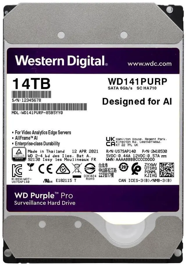 Alt view image 10 of 14 - Western Digital Purple Pro WD141PURP 14 TB Hard Drive - 3.5" Internal - SATA (SATA/600) - Conventional Magnetic Recording (CMR) Method WD141PURP