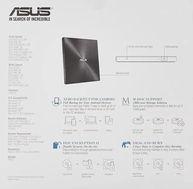 Alt view image 11 of 11 - ASUS ZenDrive Ultra Slim USB 2.0 External 8X DVD Optical Drive +/-RW with M-Disc Support for Windows and Mac and Nero Ba