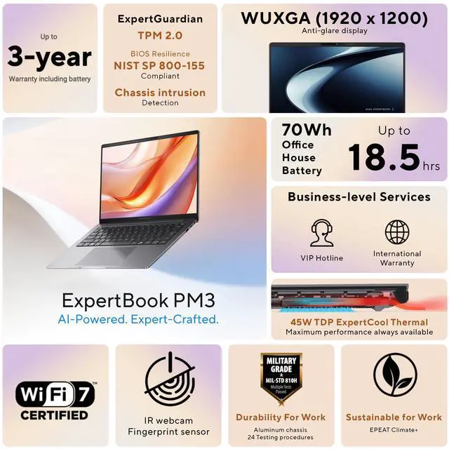 Alt view image 2 of 12 - ASUS ExpertBook PM3 14 Business Laptop, AMD Ryzen AI7 350 Processor, 32GB RAM, 1TB SSD, WiFi 7, Windows 11 Pro, Misty Grey, PM3406CKA-XS76