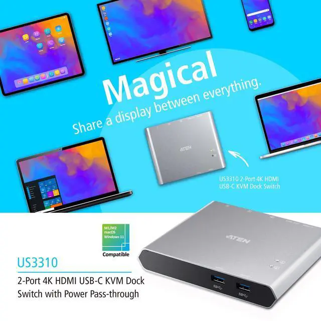 Alt view image 16 of 16 - Aten 2-Port USB-C Gen 1 Dock Switch with Power Pass-through US3310